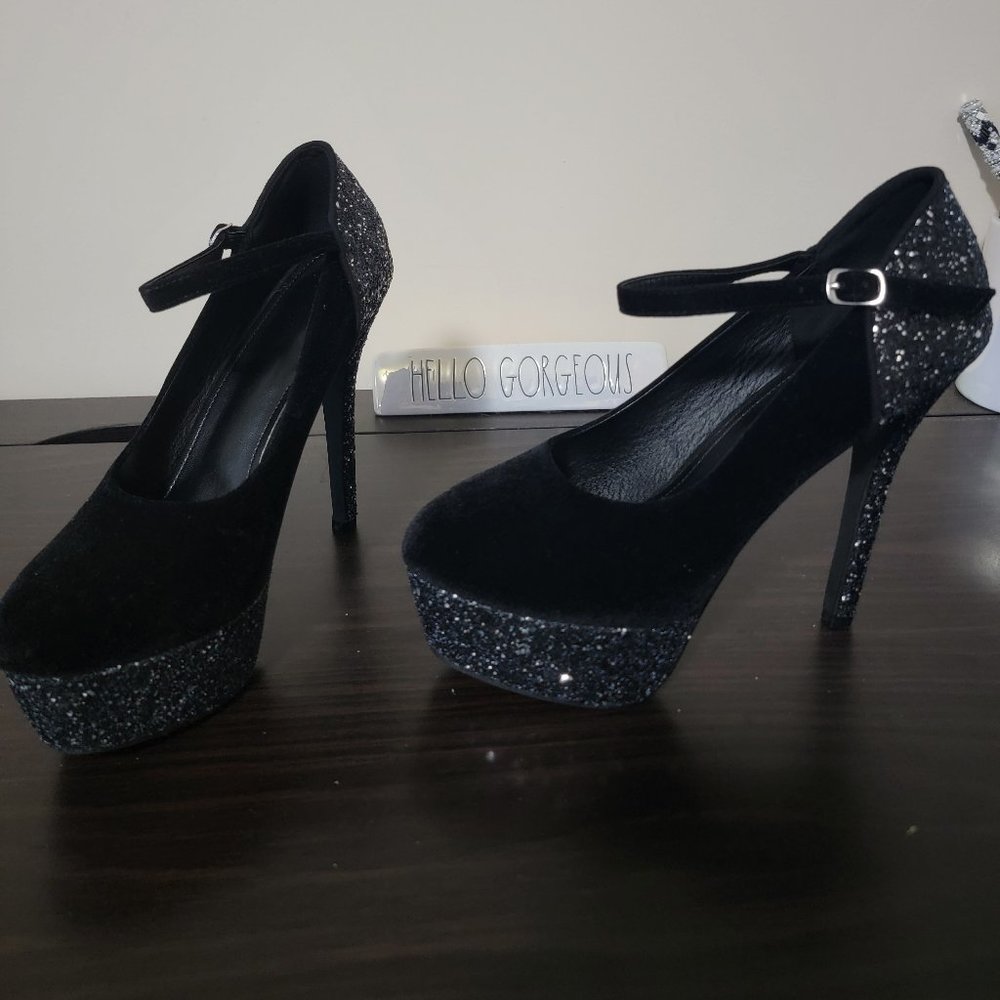Black Velvet Platform Pumps with Glitter
